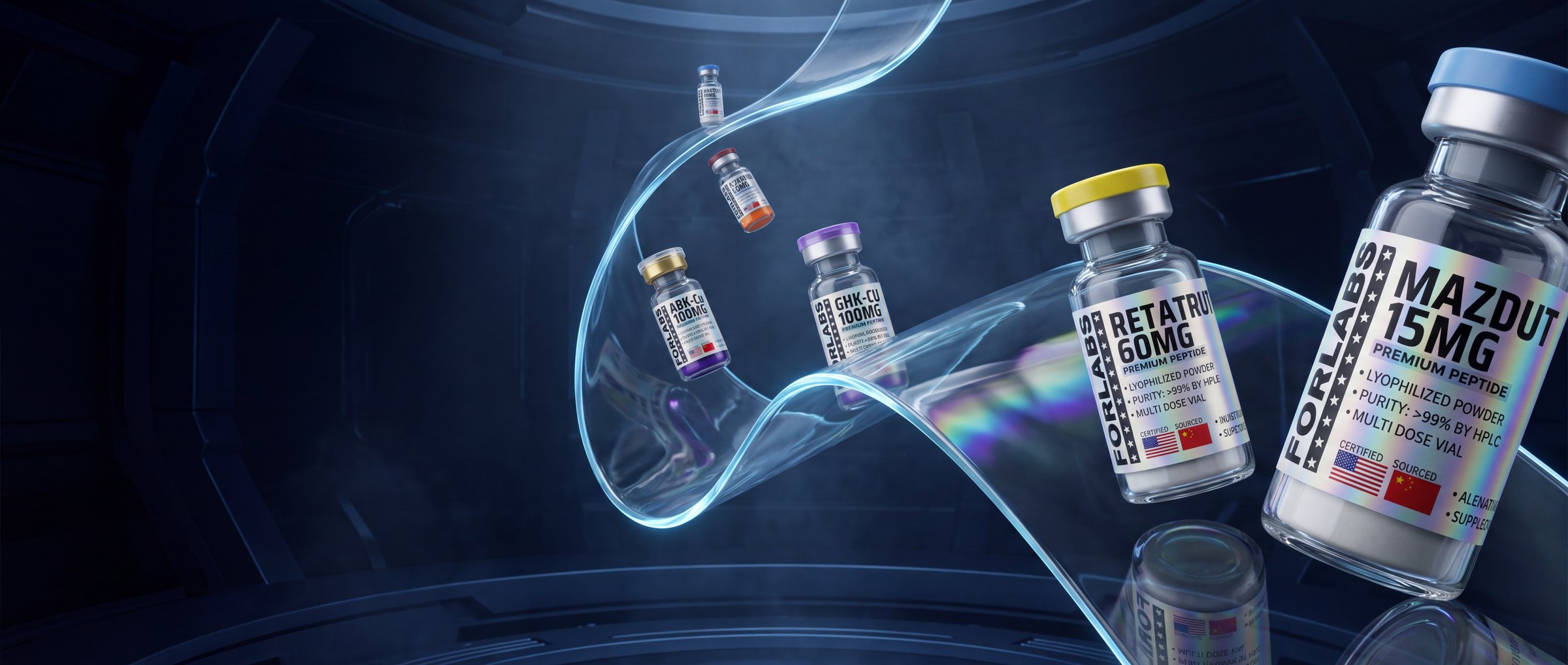 forlabs vials suspended along a ribbon of clear glass