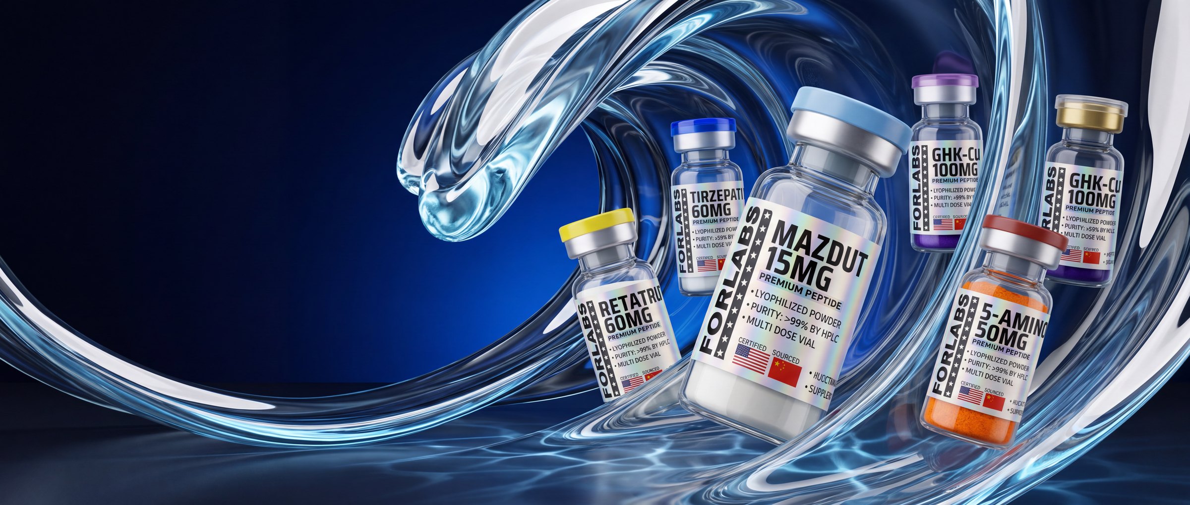 Six forlabs vials inside a curling wave of clear glass