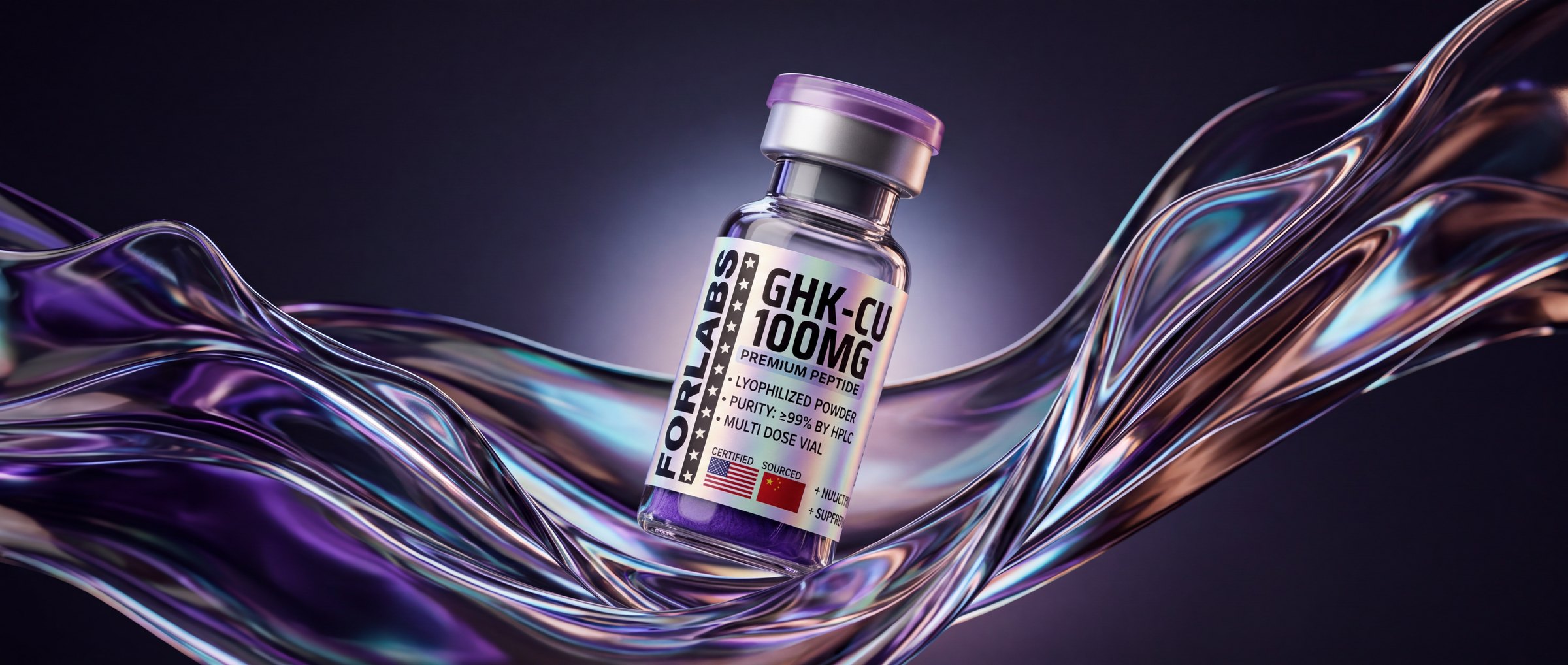 A forlabs GHK-Cu vial resting on a ribbon of iridescent glass
