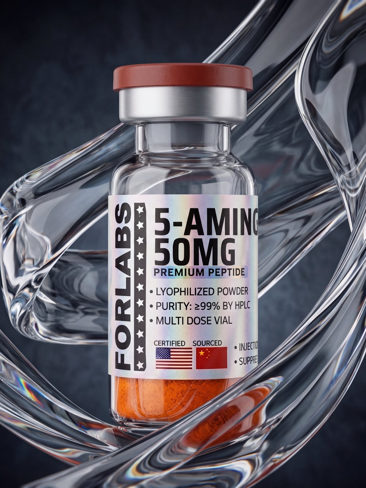 5-Amino-1MQ 50 MG vial among curving clear glass