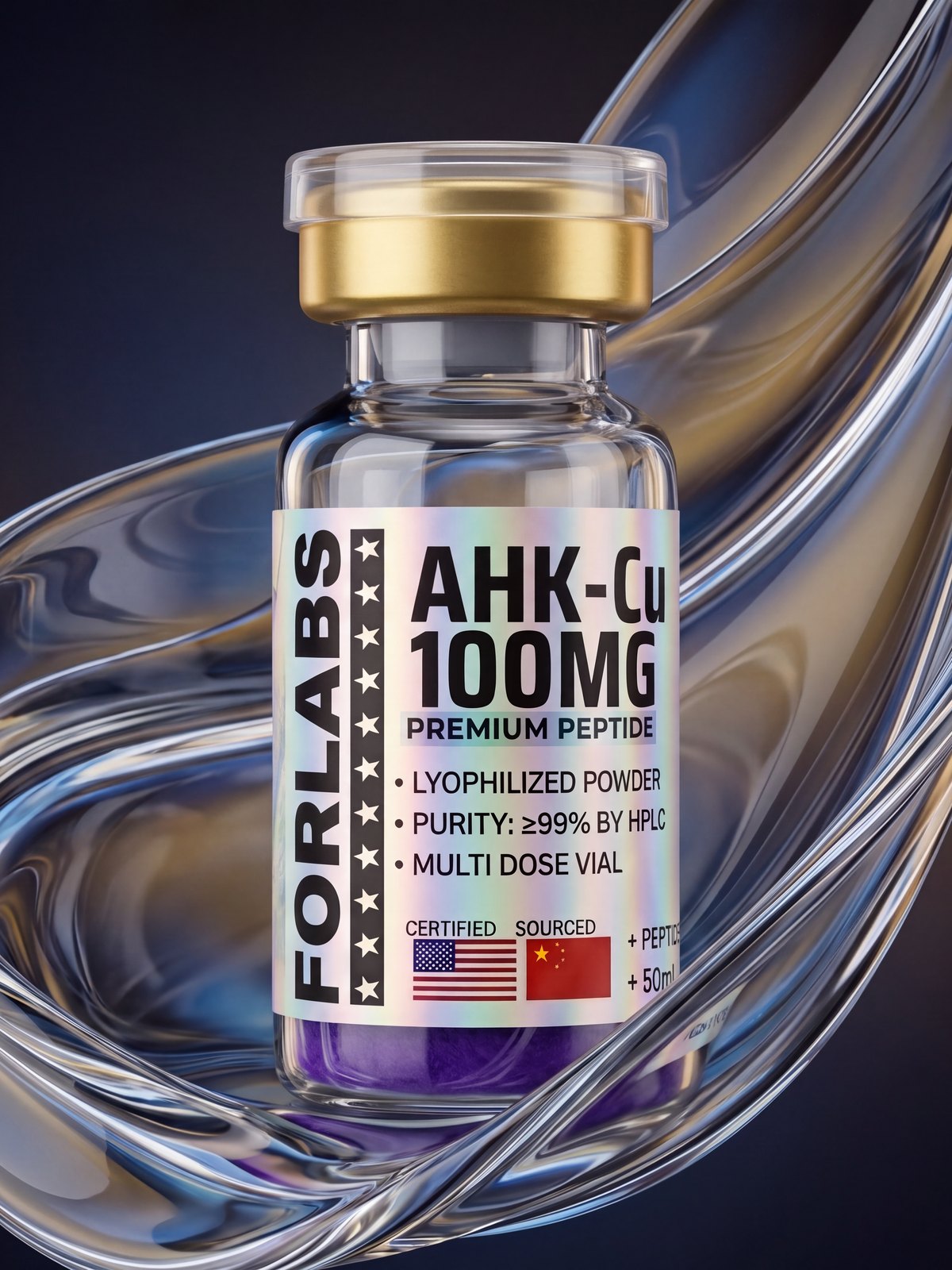 AHK-Cu 100 MG vial among curving clear glass