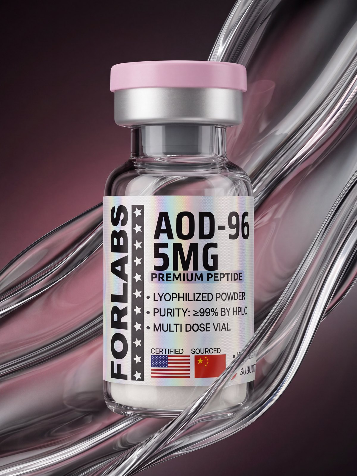 AOD-9604 5 MG vial among curving clear glass