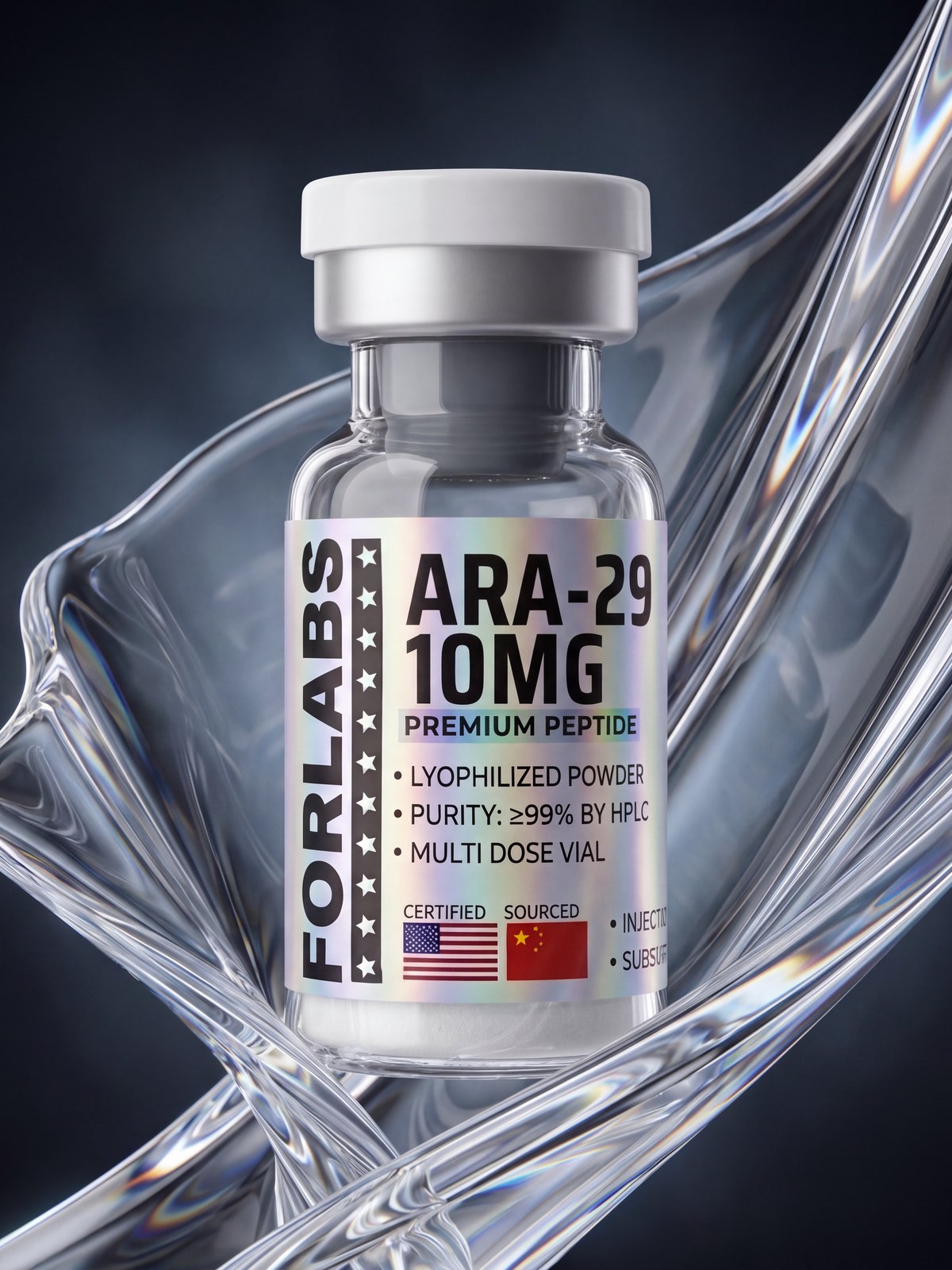 ARA-290 10 MG vial among curving clear glass