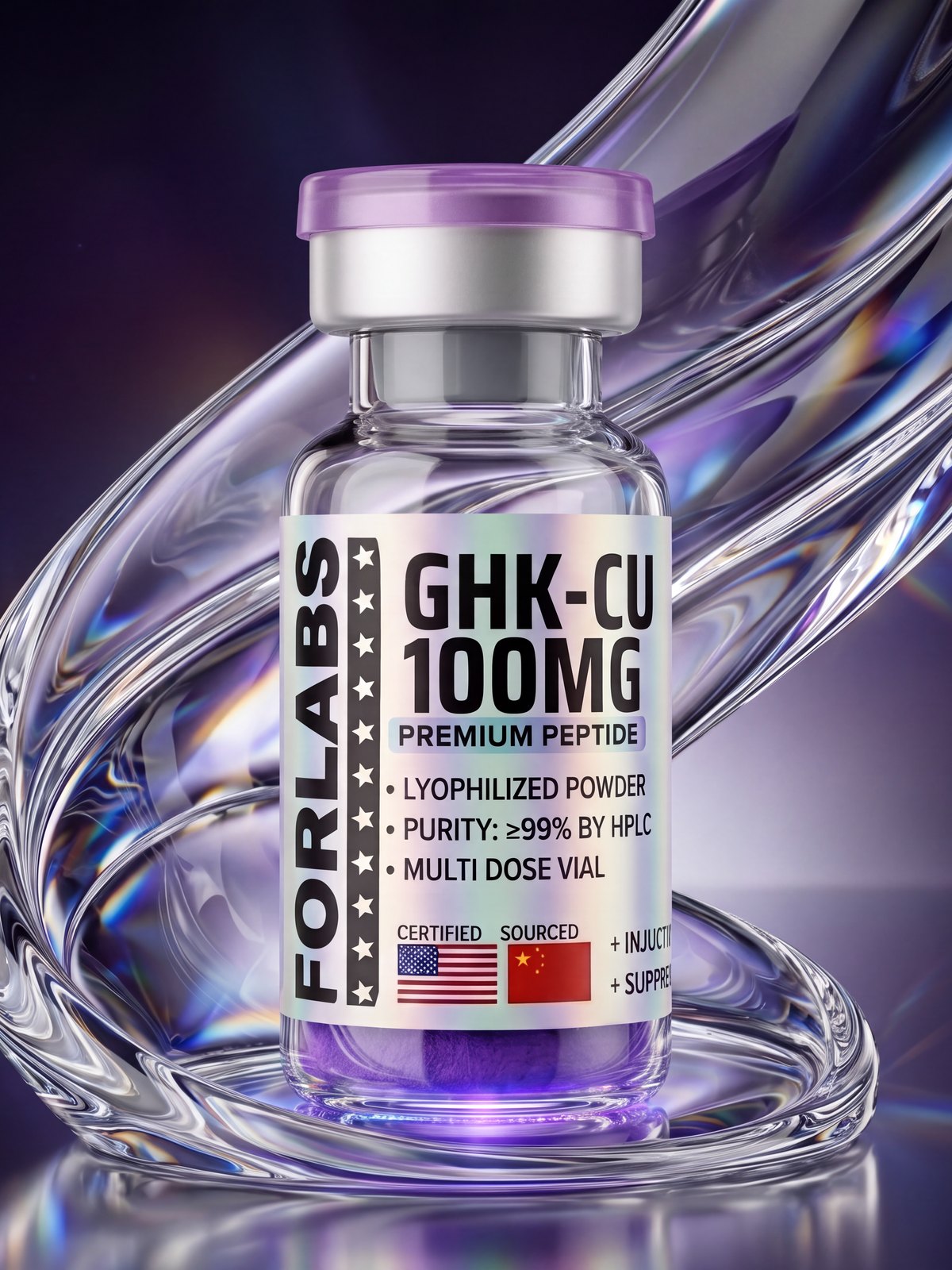GHK-Cu 100 MG vial among curving clear glass