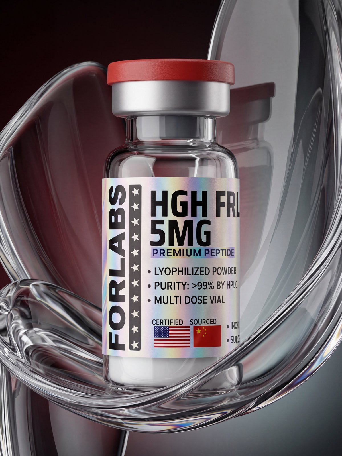HGH Frag 176-191 5 MG vial among curving clear glass