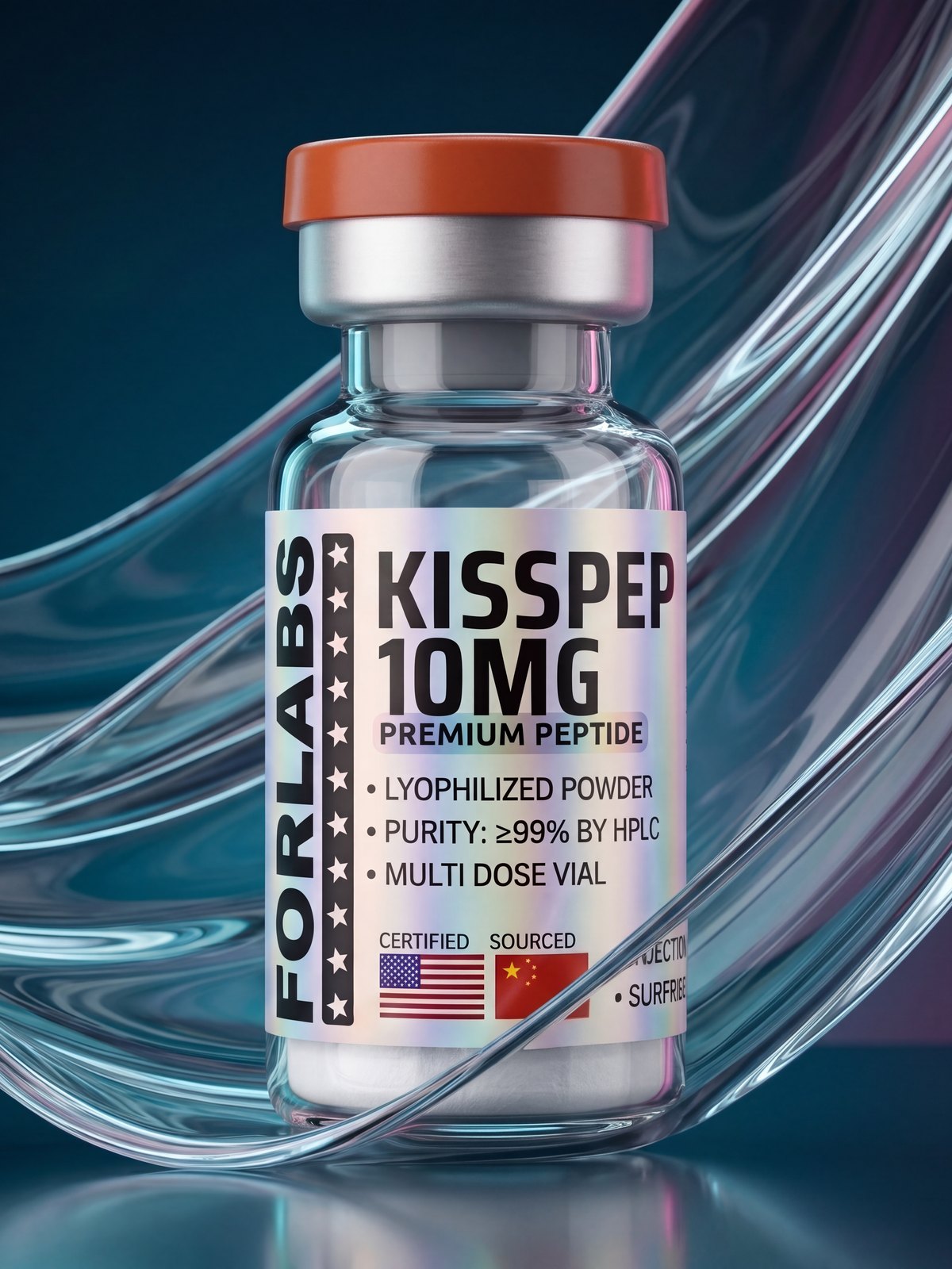 KissPeptin 10 MG vial among curving clear glass