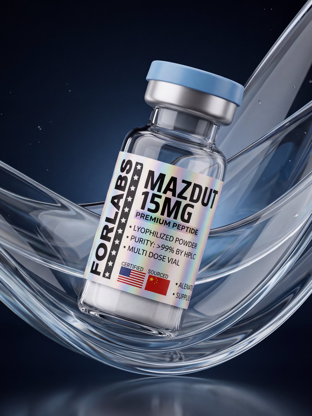 Mazdutide 15 MG vial among curving clear glass