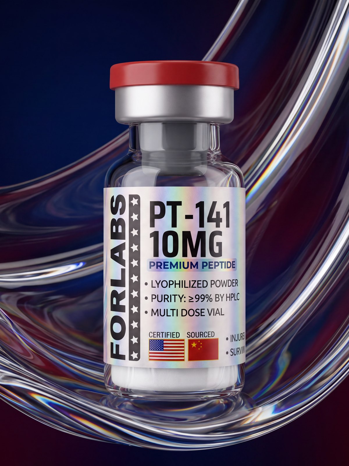 PT-141 10 MG vial among curving clear glass