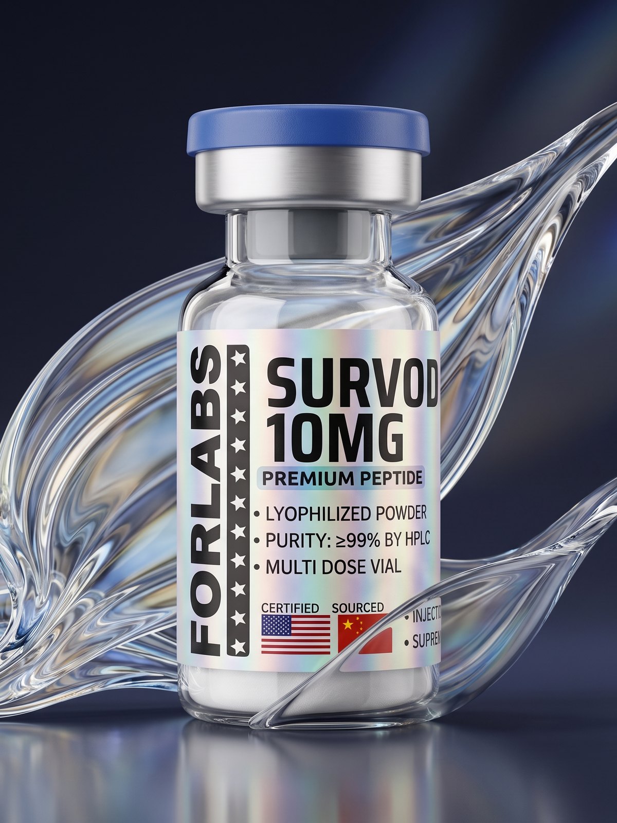Survodutide 10 MG vial among curving clear glass