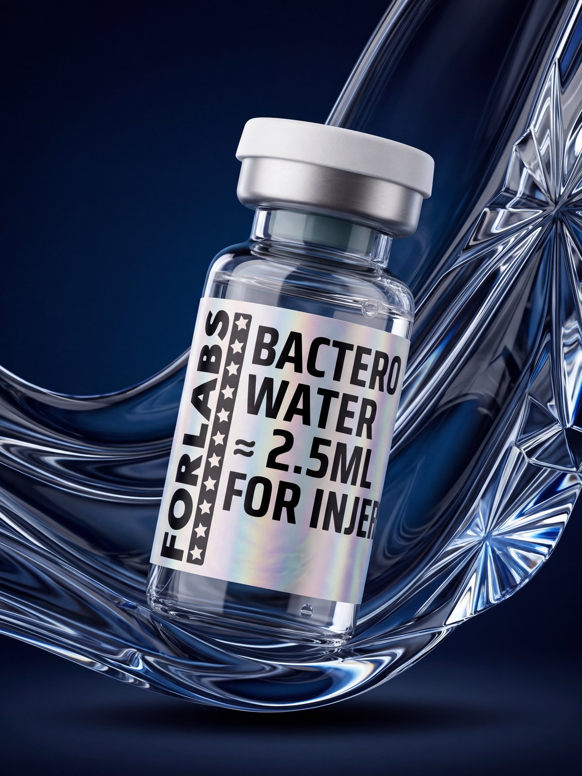 Bacteriostatic Water 2.5 ML vial among curving clear glass