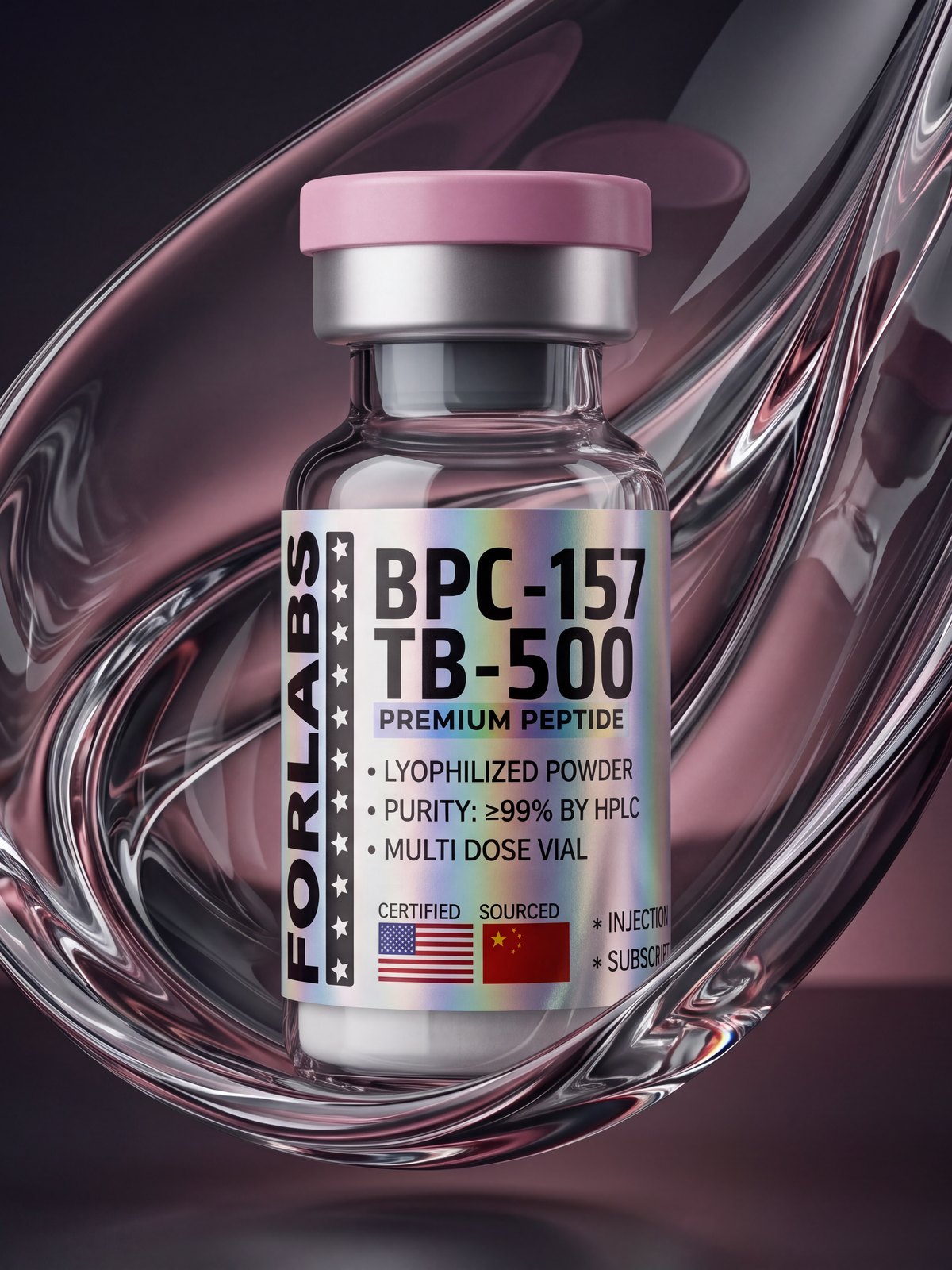 BPC-157 / TB-500 10 MG + 10 MG vial among curving clear glass