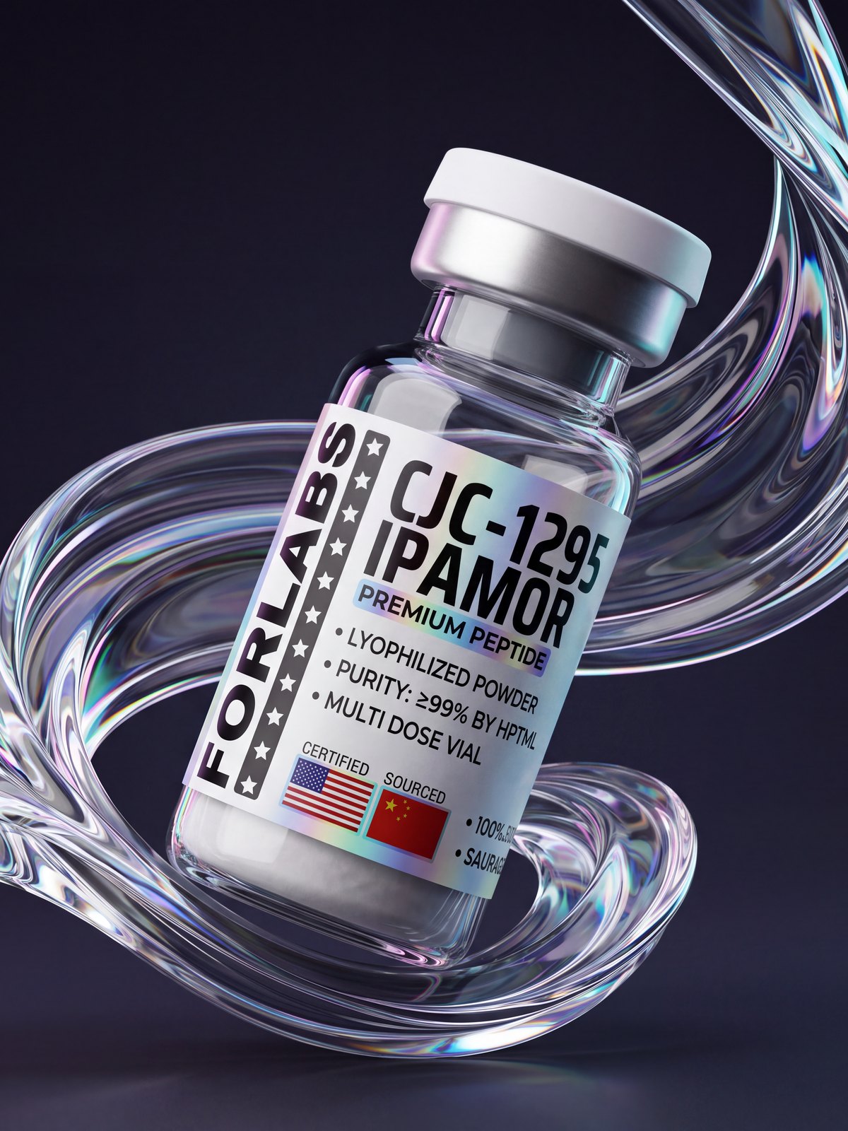 CJC-1295 / Ipamorelin 10 MG + 10 MG vial among curving clear glass