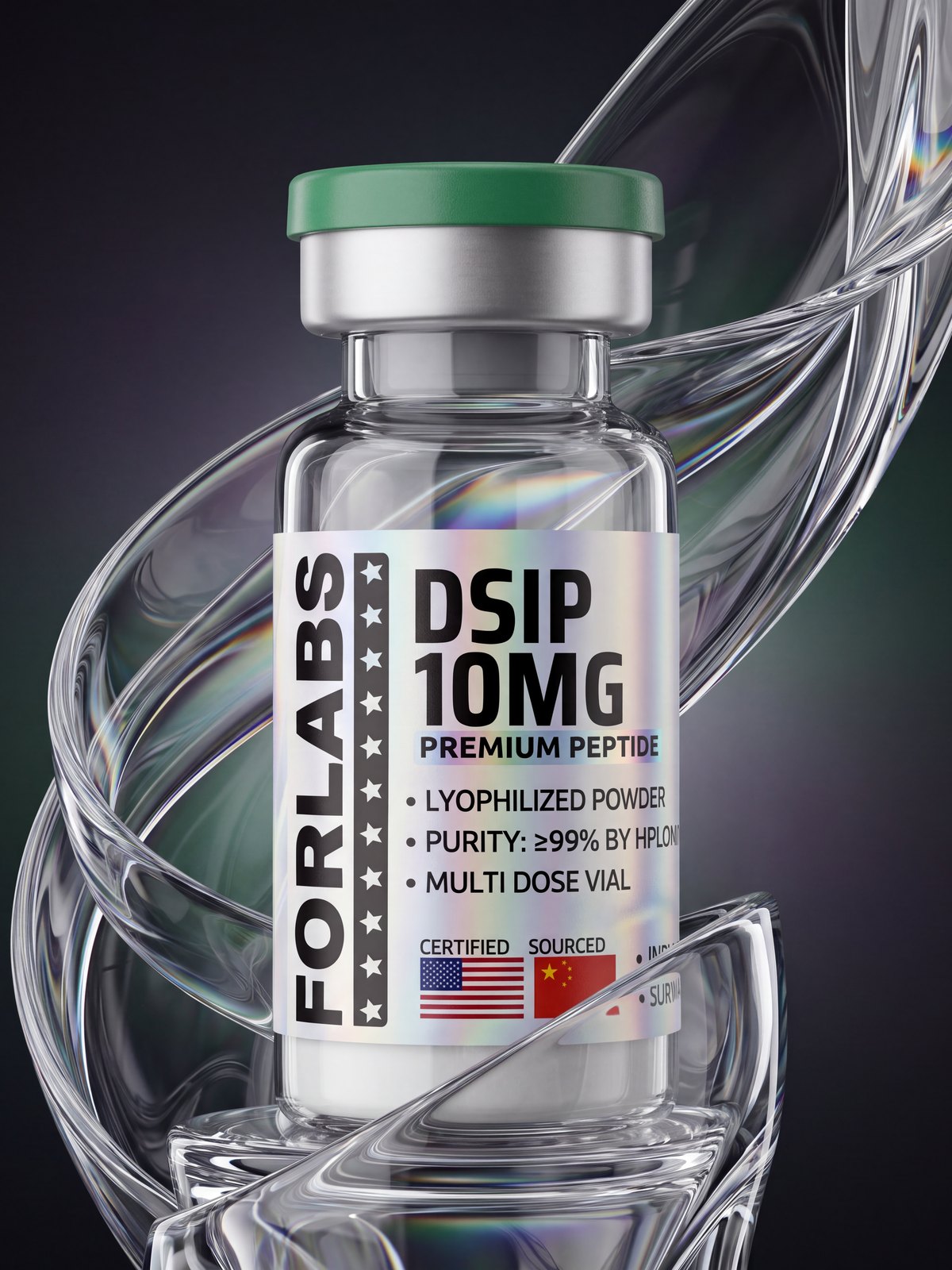 DSIP 10 MG vial among curving clear glass