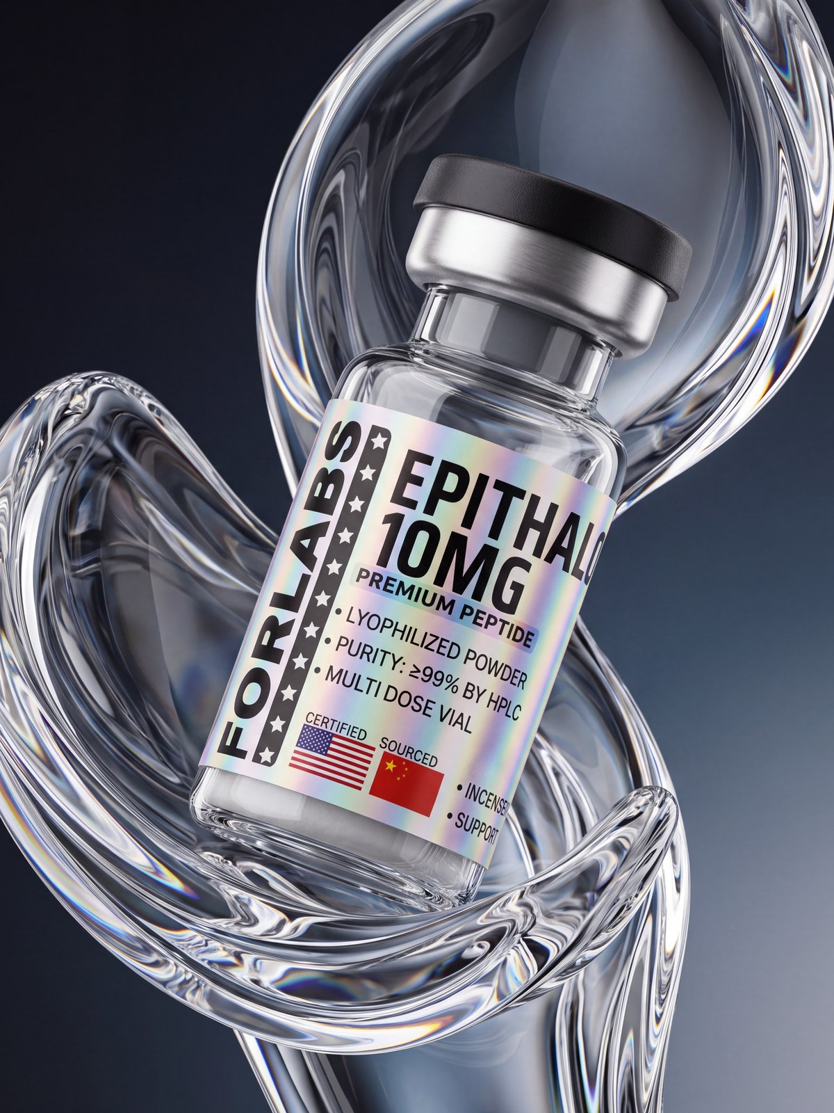 Epithalon 10 MG vial among curving clear glass