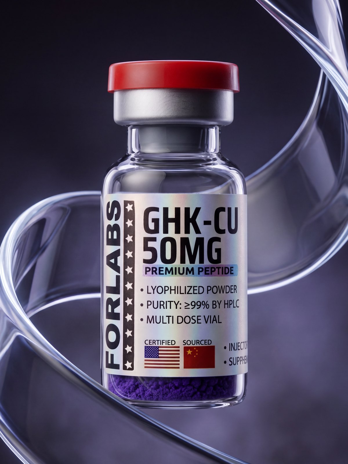 GHK-Cu 50 MG vial among curving clear glass
