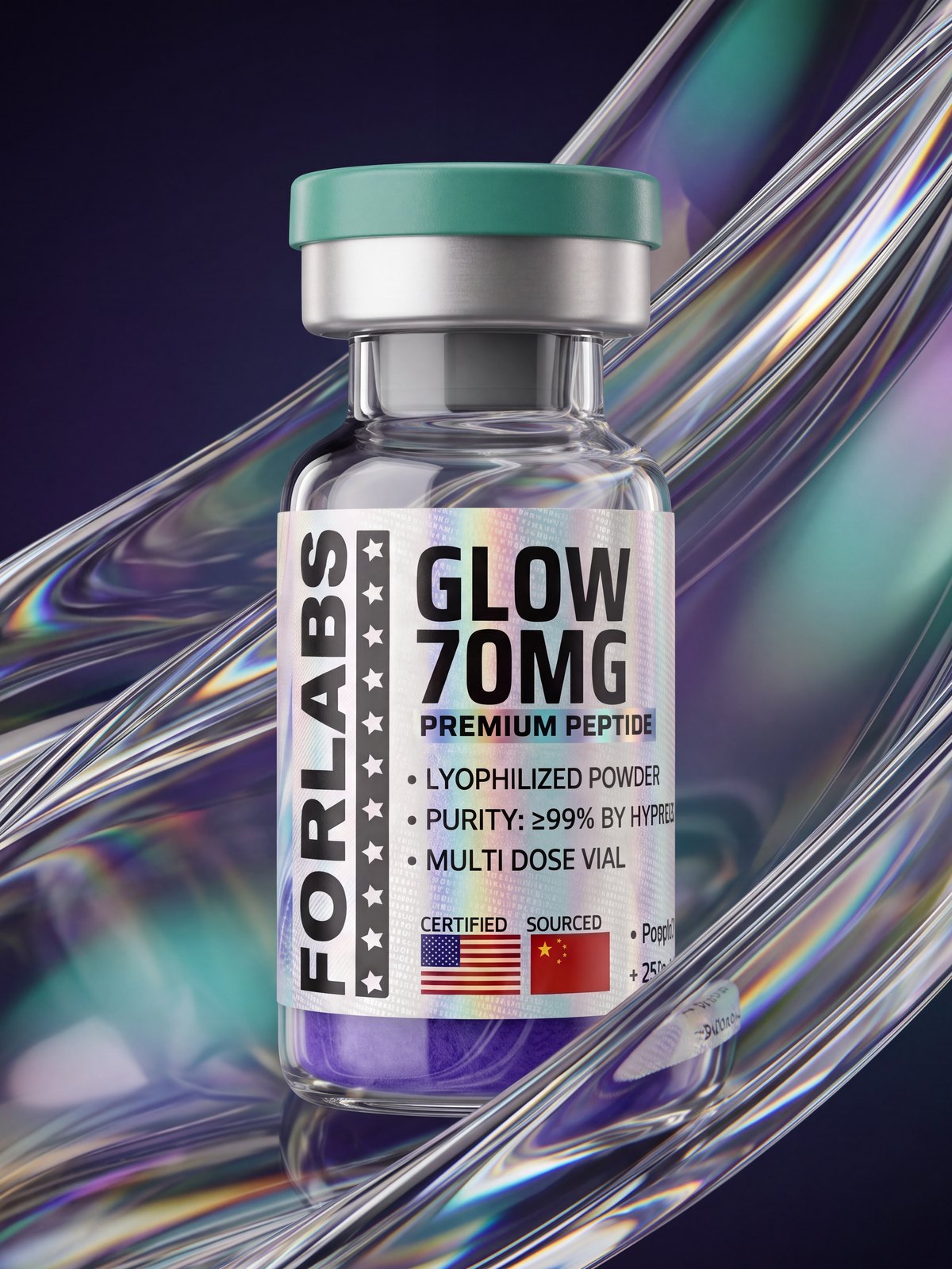 GLOW 70 MG vial among curving clear glass