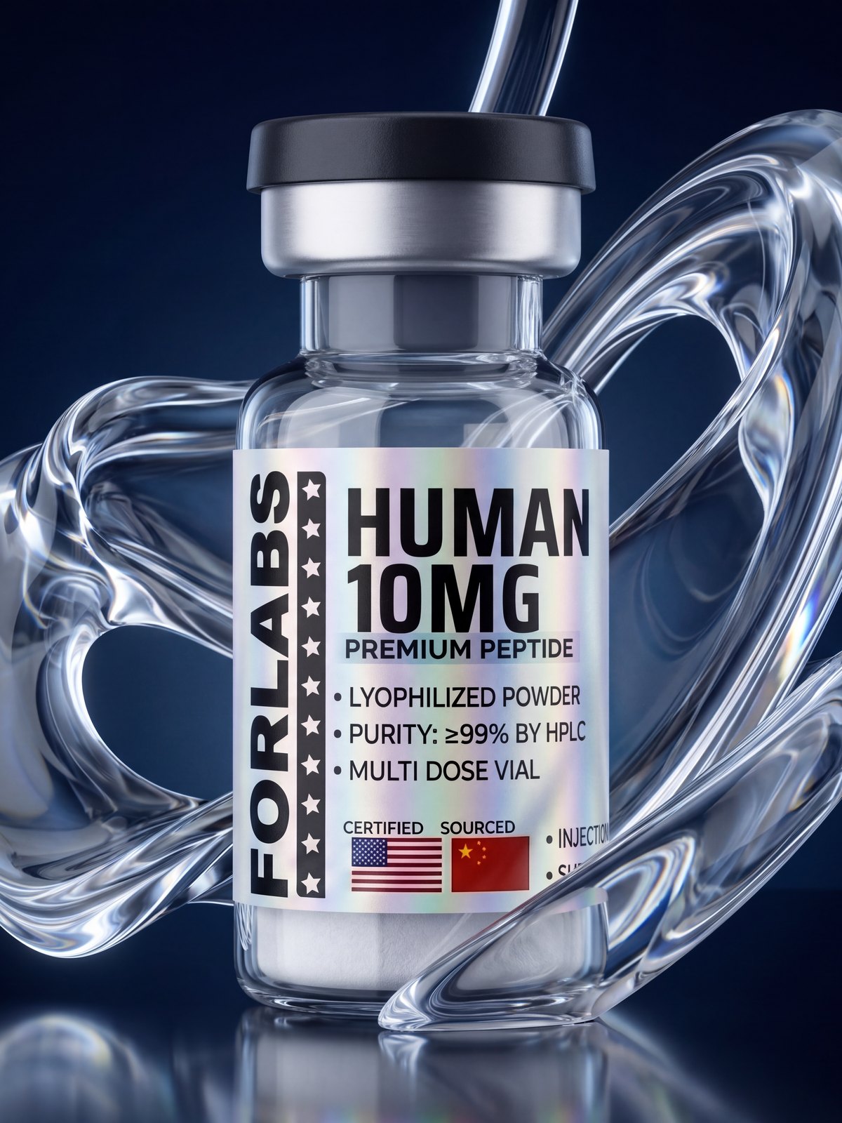 Humanin 10 MG vial among curving clear glass