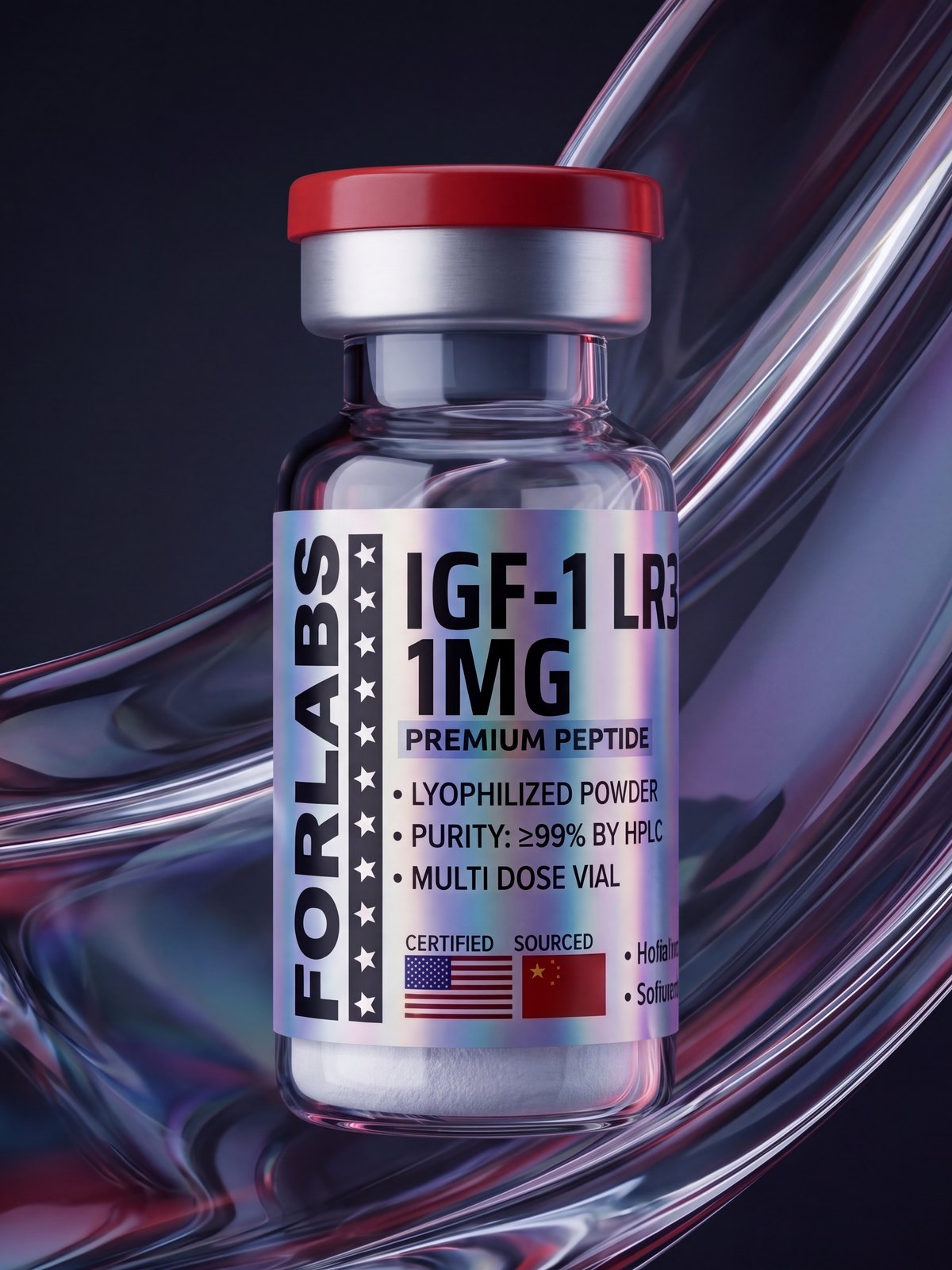 IGF-1 LR3 1 MG vial among curving clear glass