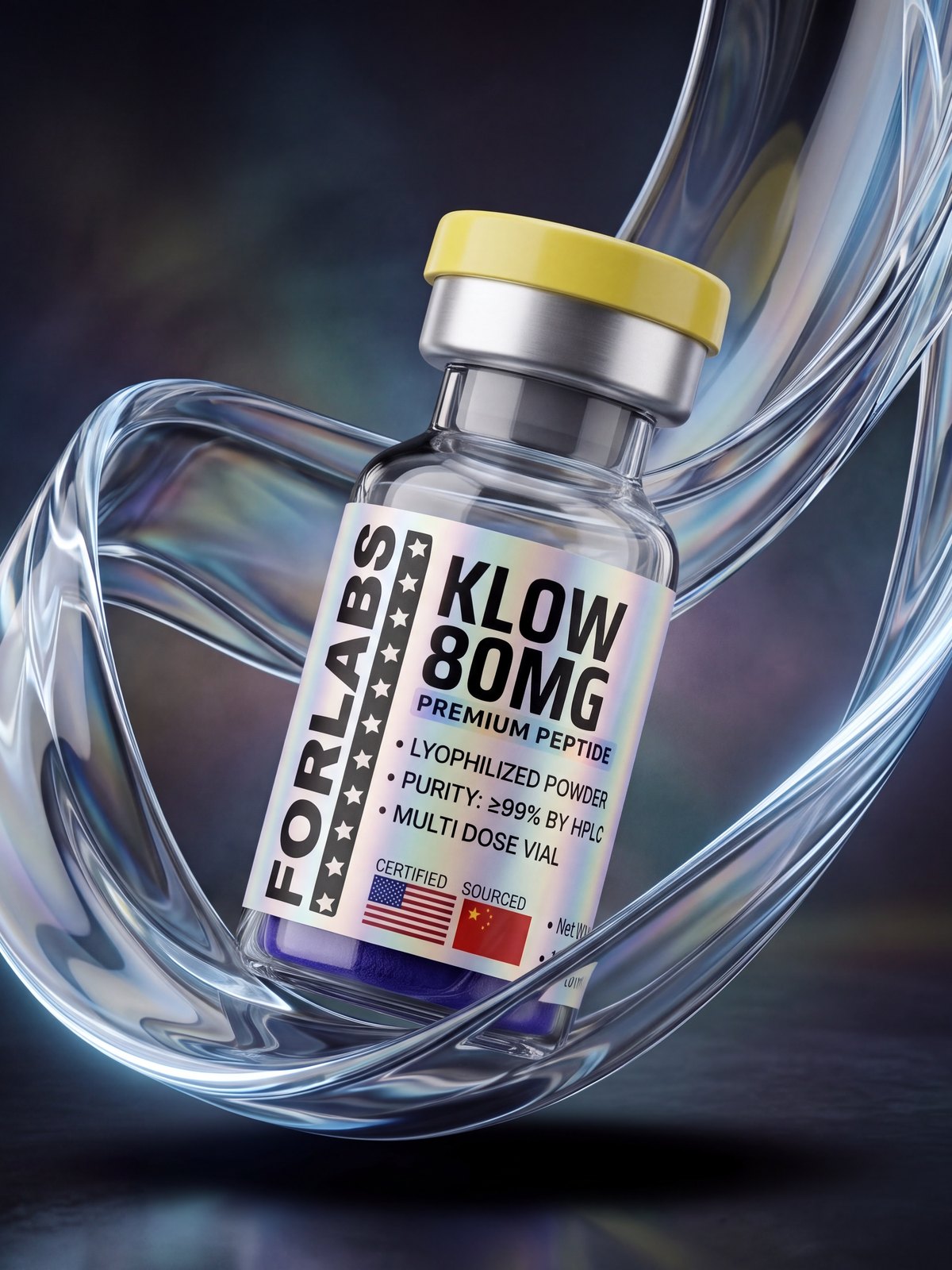 KLOW 80 MG vial among curving clear glass