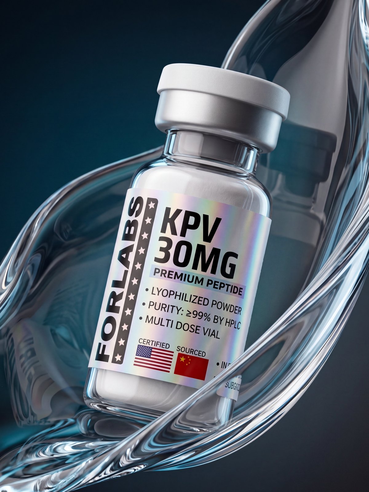 KPV 30 MG vial among curving clear glass