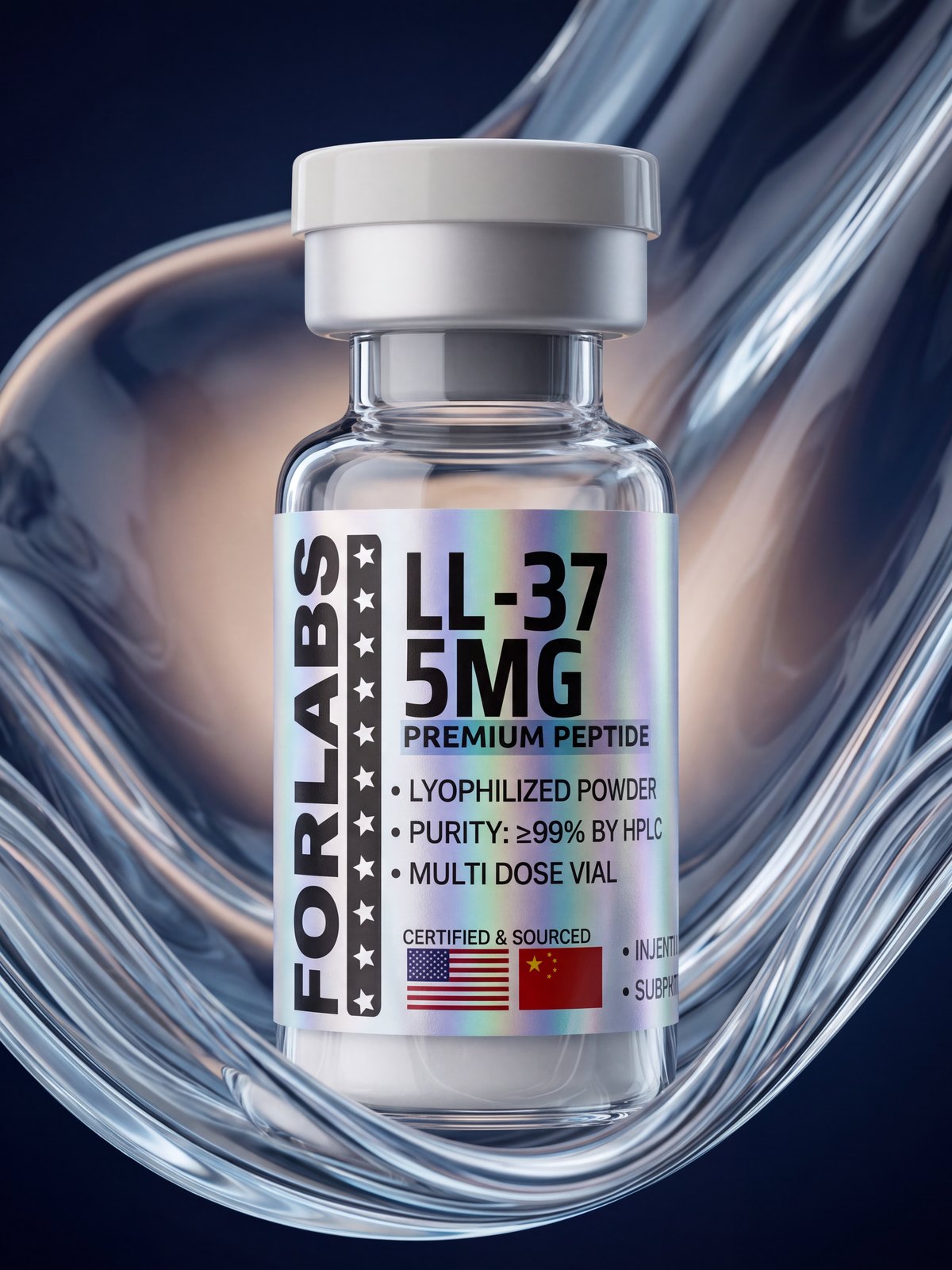 LL-37 5 MG vial among curving clear glass