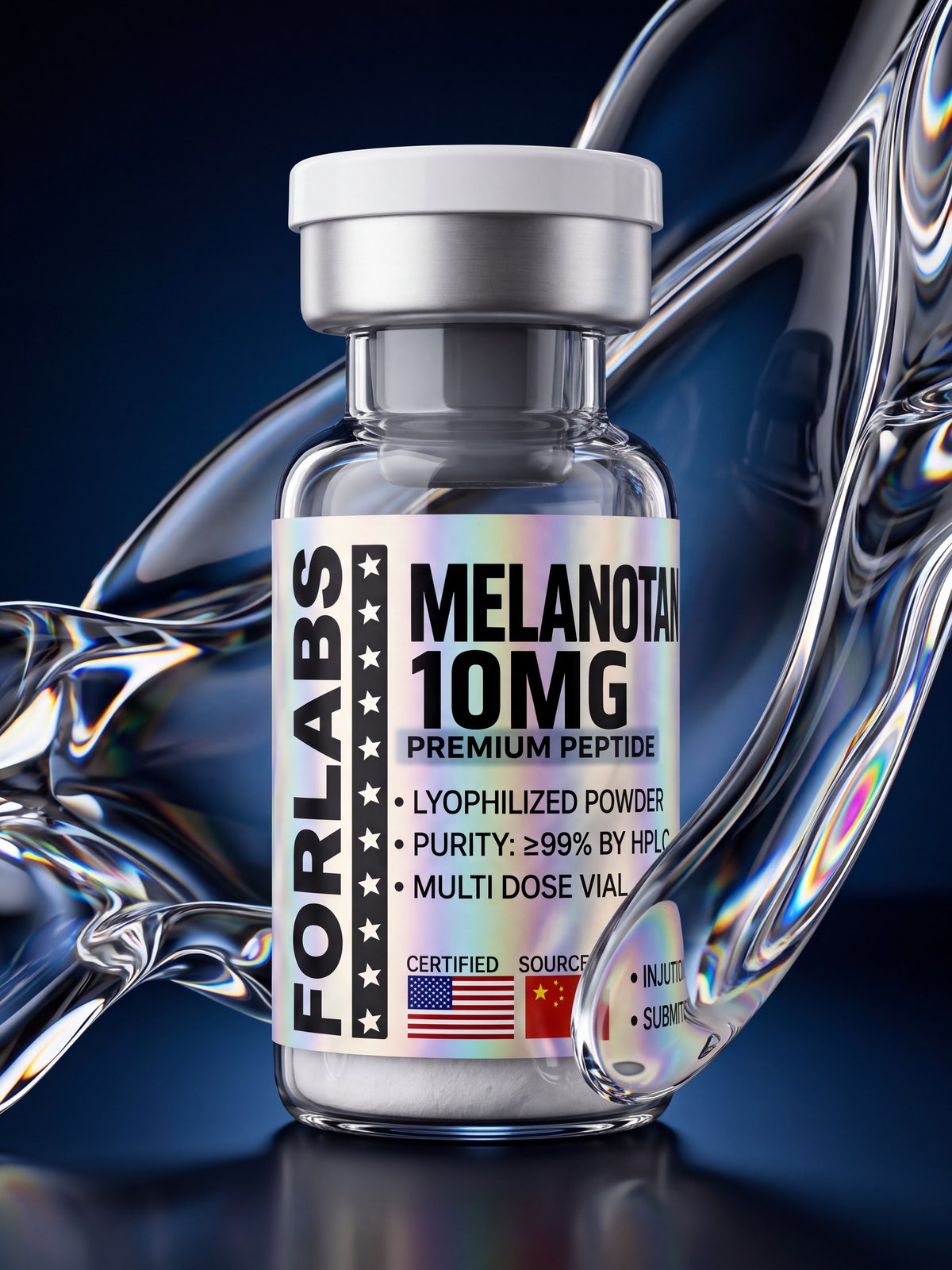Melanotan 1 10 MG vial among curving clear glass