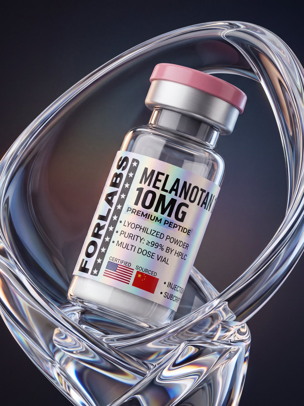Melanotan 2 10 MG vial among curving clear glass