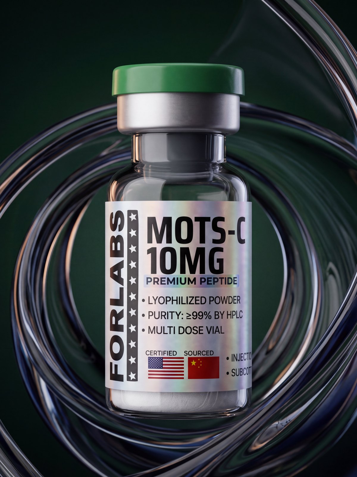MOTS-C 10 MG vial among curving clear glass