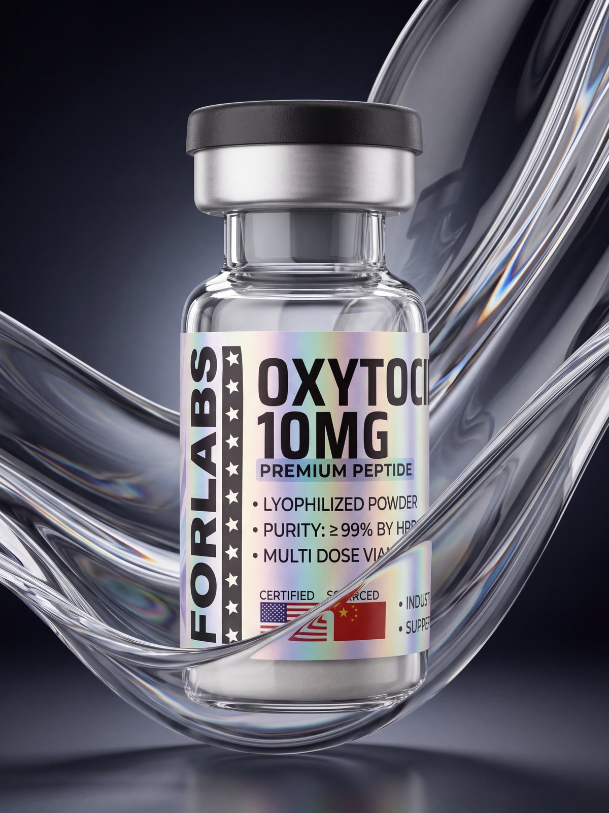 Oxytocin 10 MG vial among curving clear glass