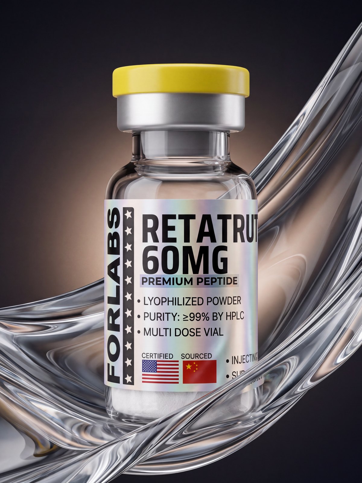 Retatrutide 60 MG vial among curving clear glass