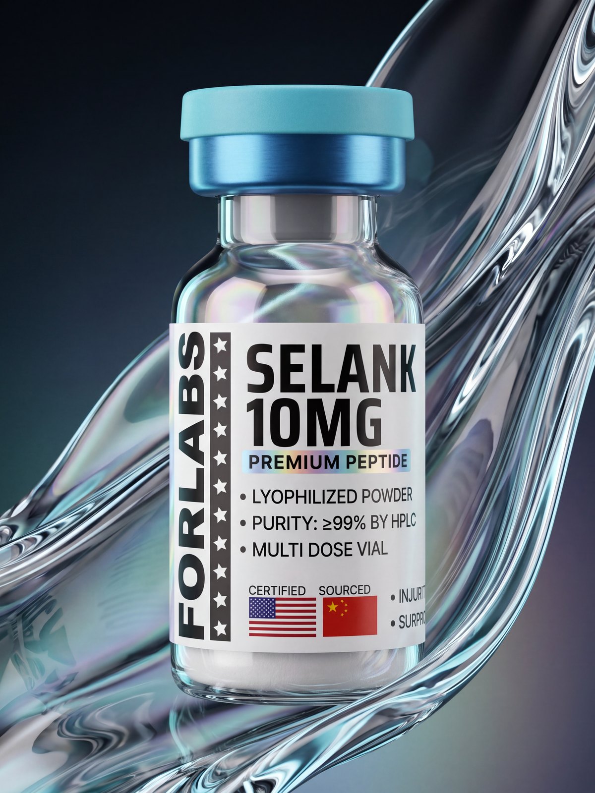 Selank 10 MG vial among curving clear glass