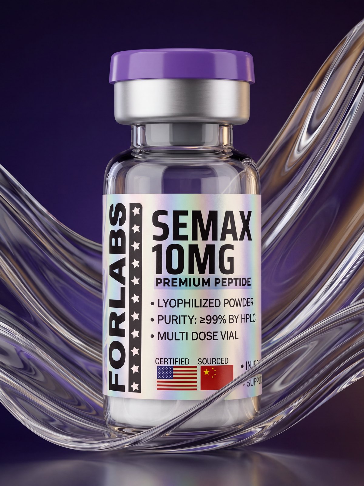 Semax 10 MG vial among curving clear glass