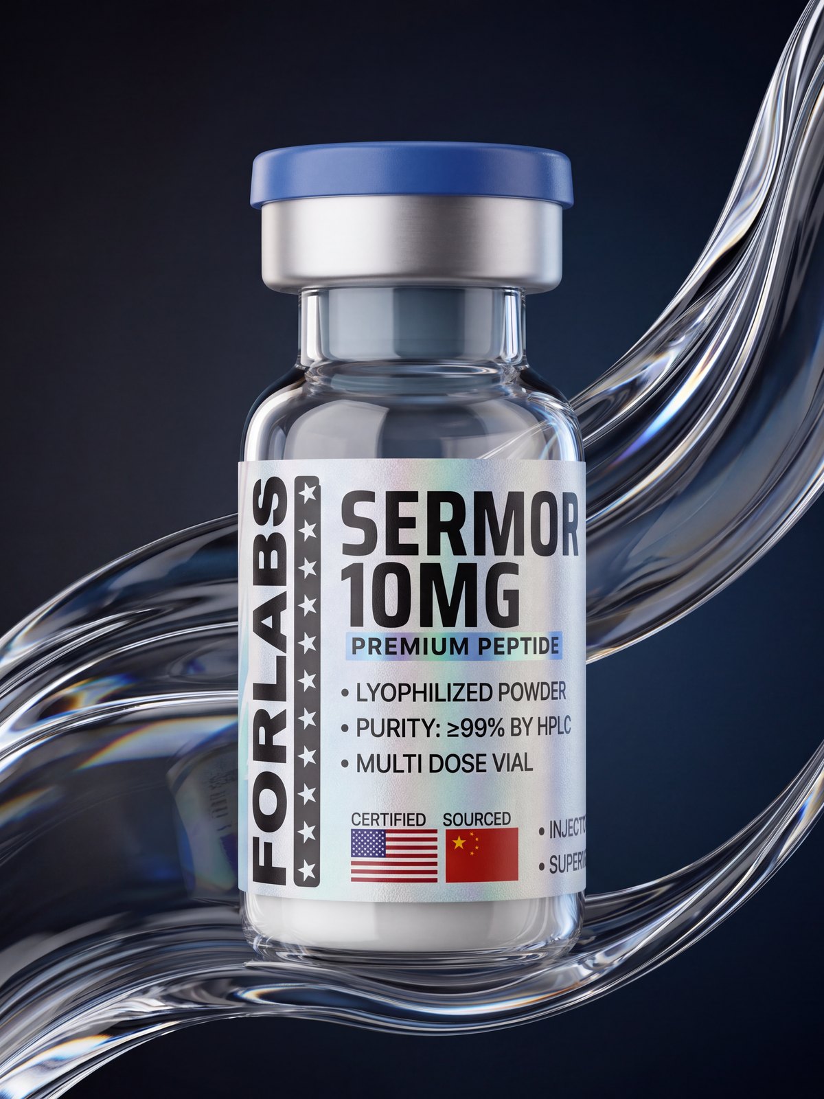 Sermorelin 10 MG vial among curving clear glass