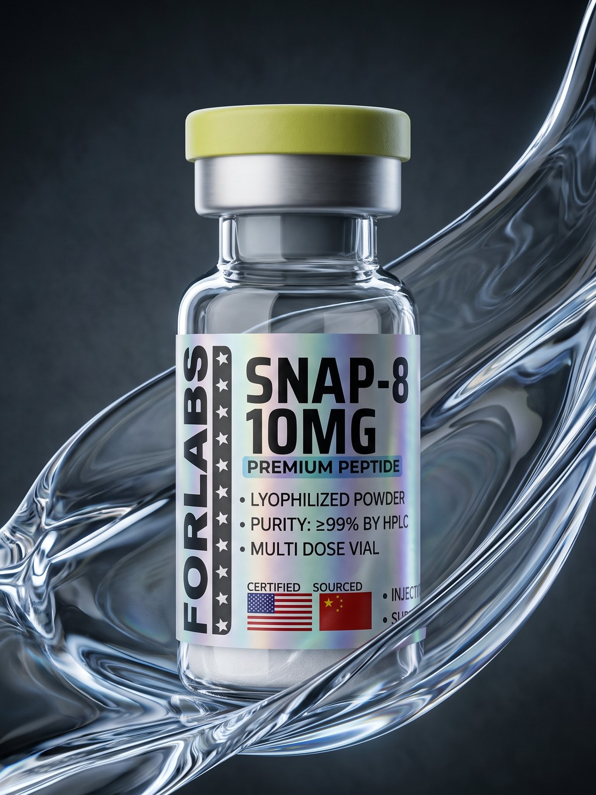 SNAP-8 10 MG vial among curving clear glass