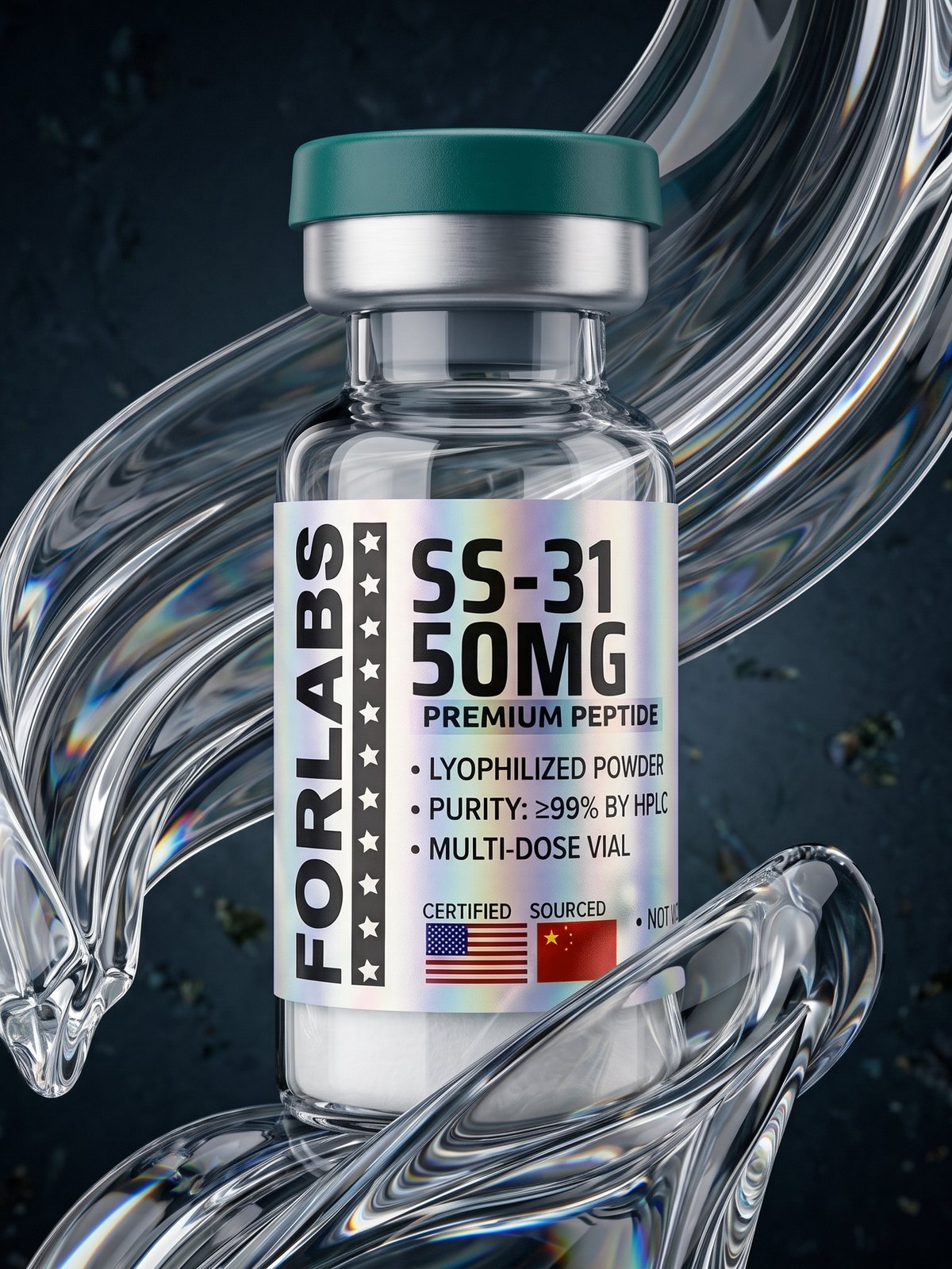 SS-31 50 MG vial among curving clear glass
