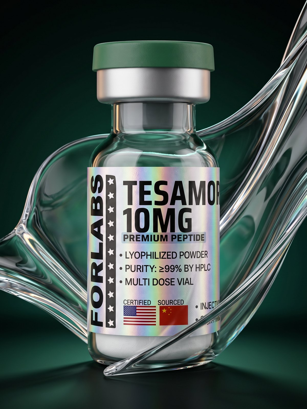 Tesamorelin 10 MG vial among curving clear glass