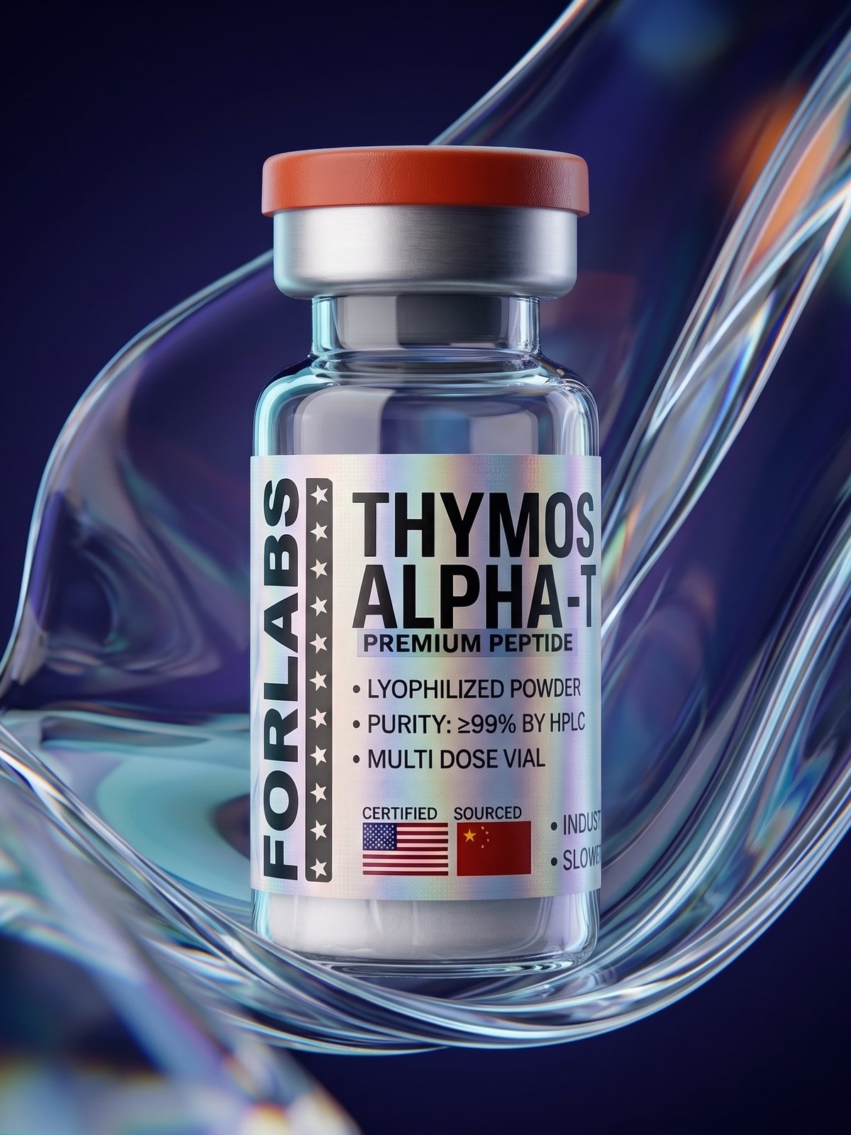 Thymosin Alpha-1 10 MG vial among curving clear glass