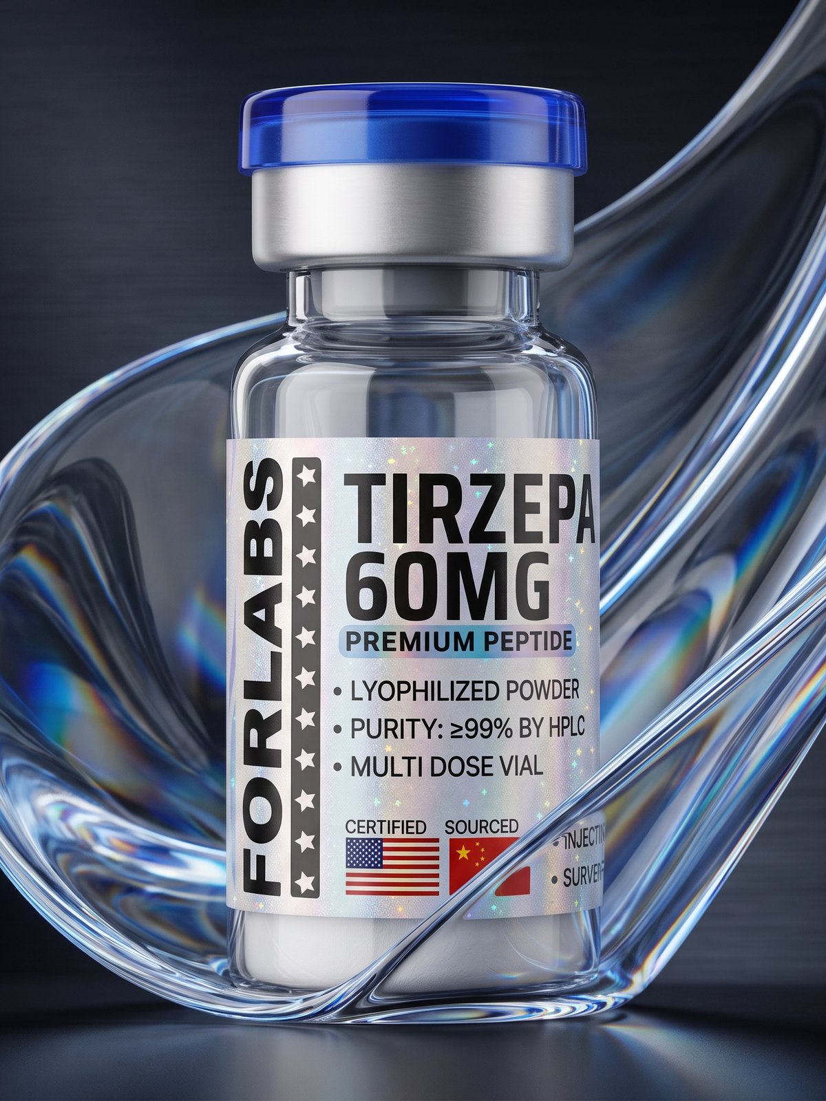 Tirzepatide 60 MG vial among curving clear glass